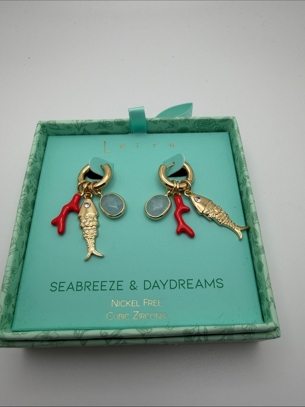 Leith Gold Fish Hoop Earrings with Red Coral and Teal Accents